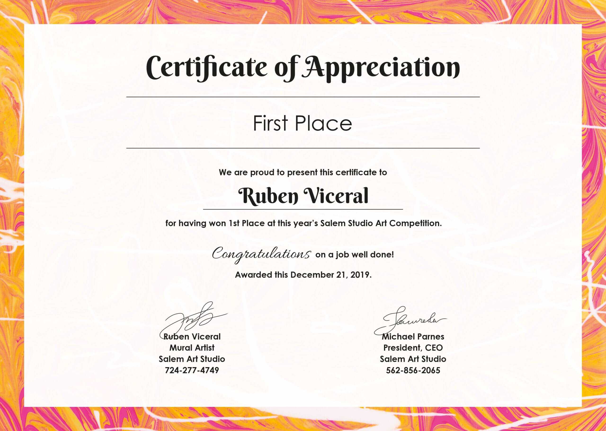 Free Appreciation Certificate | Certificate Of Appreciation Throughout First Place Certificate Template