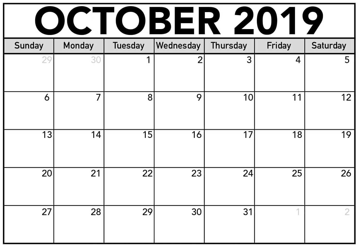 Free Blank Calendar October 2019 Printable - 2019 Calendars Pertaining To Blank Calendar Template For Kids