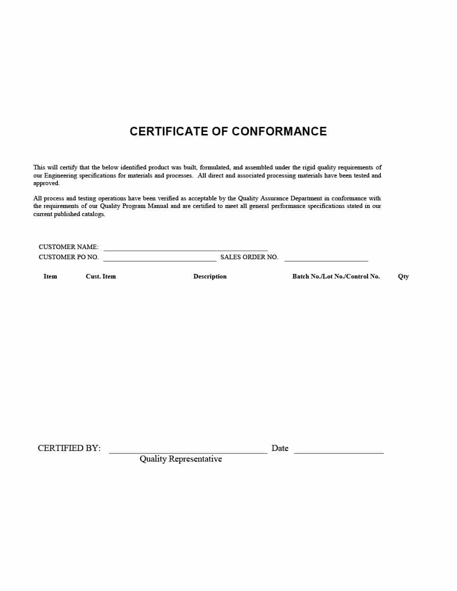 Free Certificate Of Conformance Templates Forms With Regard To Certificate Of Conformance Template Free
