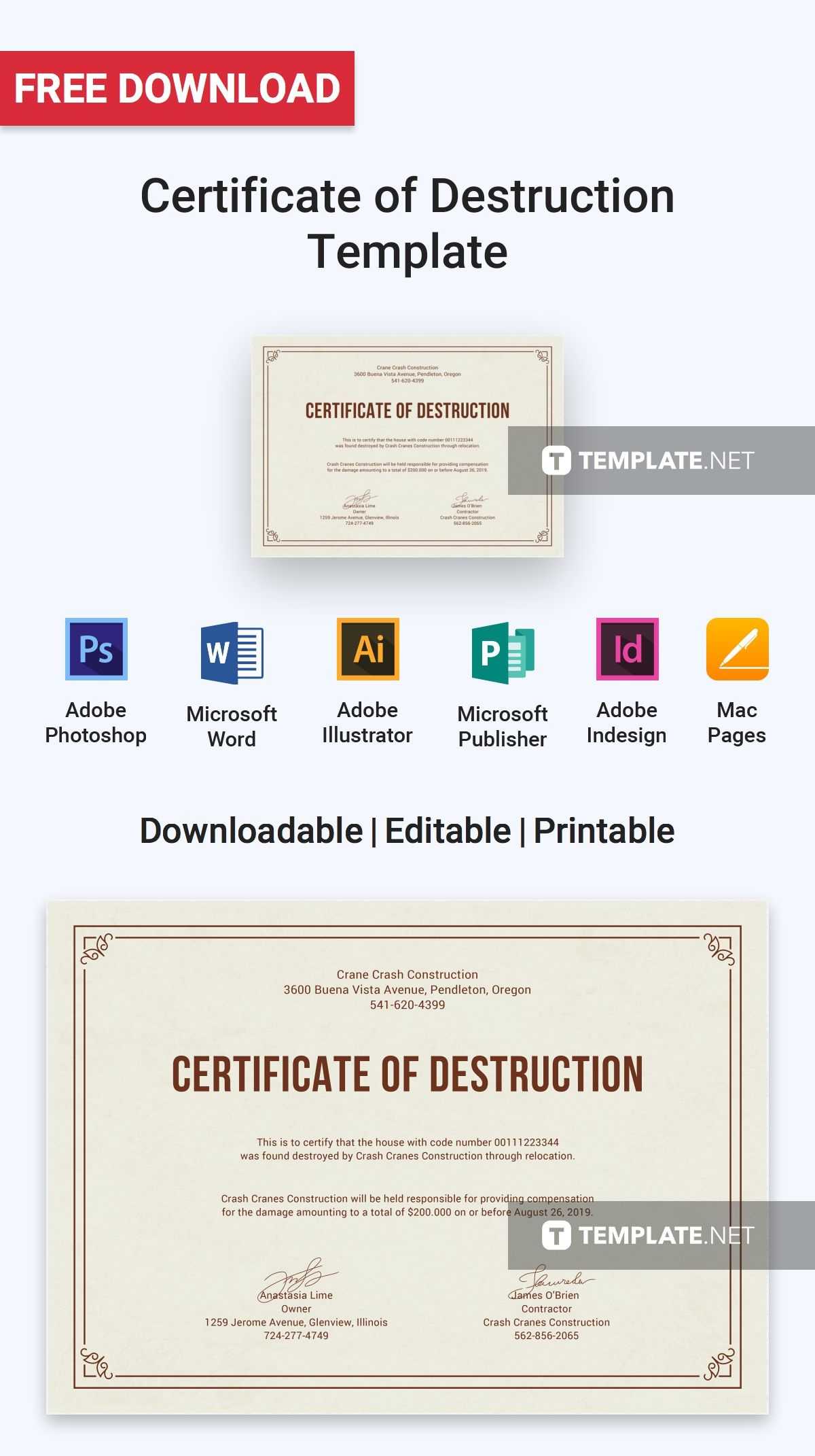 Free Certificate Of Destruction | Free Certificate Templates Regarding Certificate Of Destruction Template