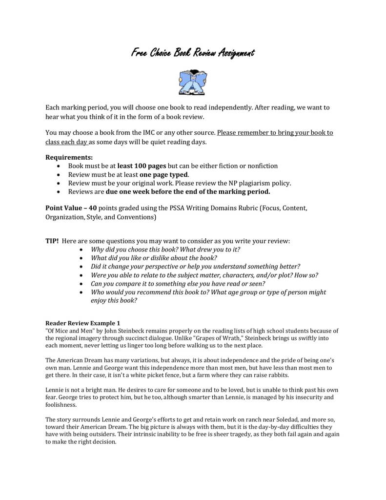 Free Choice Book Review Assignment Intended For One Page Book Report Template