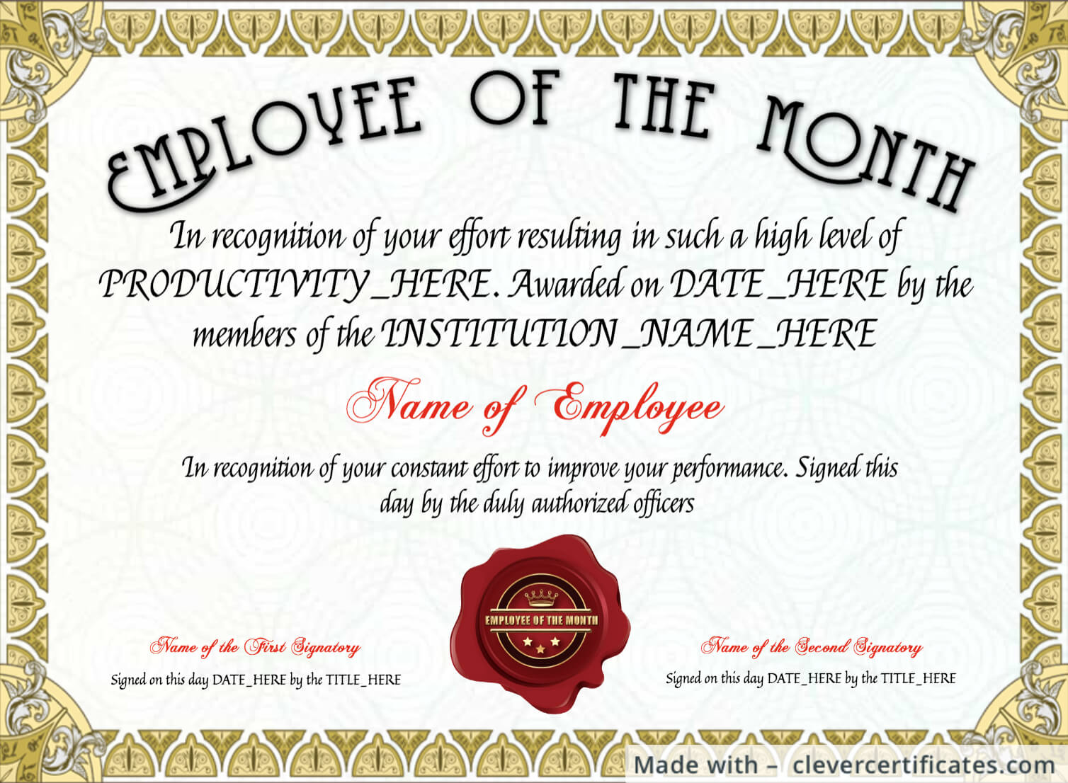 Free Employee Of The Month Certificate Template At With Regard To Teacher Of The Month Certificate Template