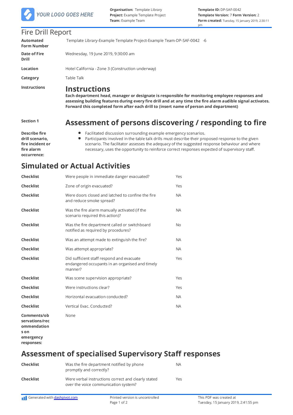 Free Fire Drill Report Template - Use, Customise, Download Regarding Emergency Drill Report Template