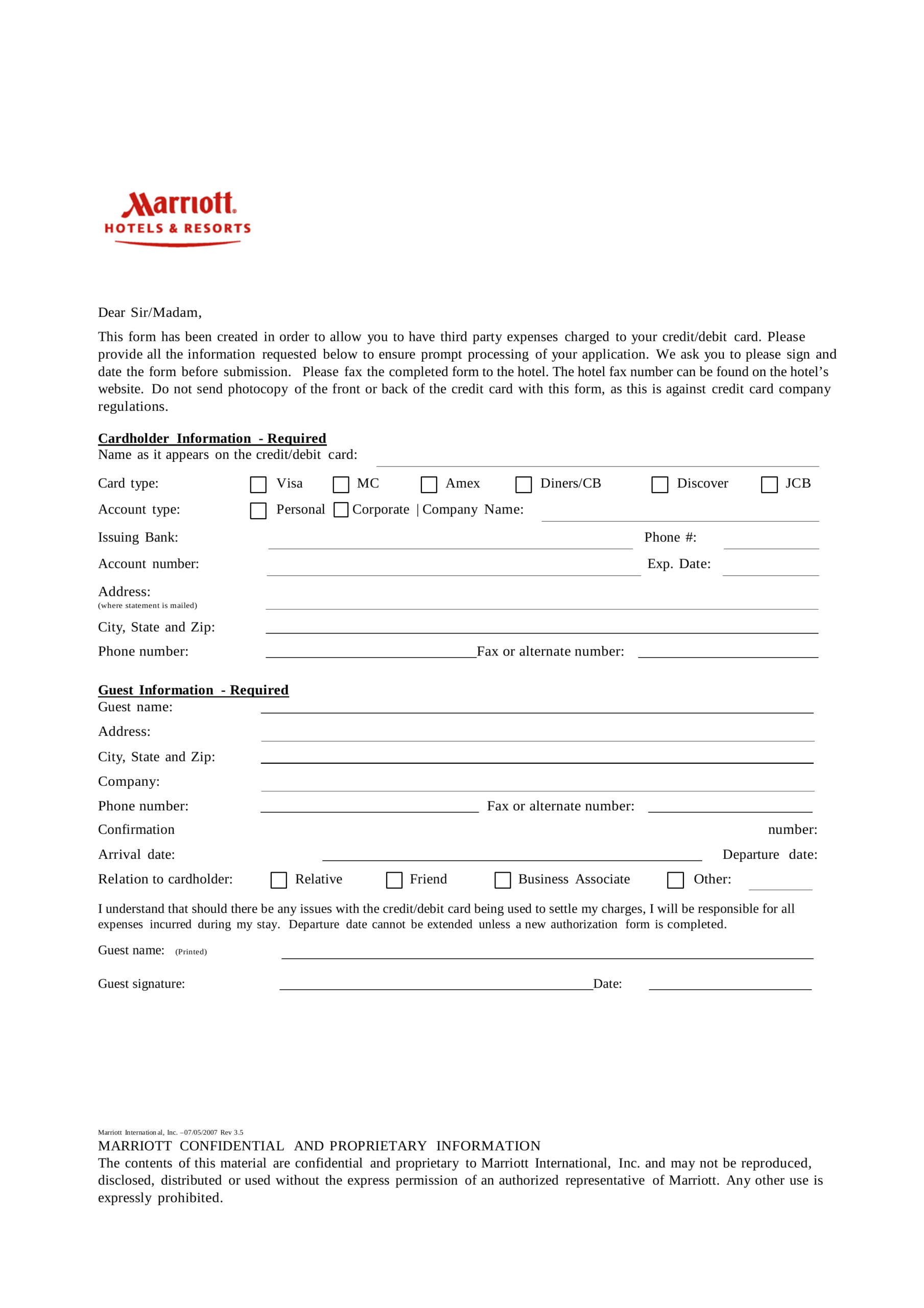 Free Marriott Credit Card Authorization Form – Pdf | Eforms For Hotel Credit Card Authorization Form Template