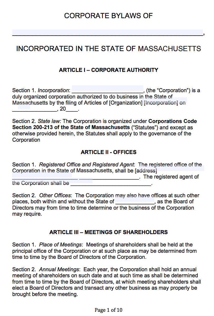 Free Massachusetts Corporate Bylaws Template | Pdf | Word | In Corporate Bylaws Template Word