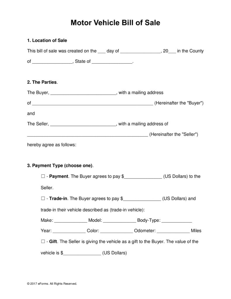 Free Motor Vehicle (Dmv) Bill Of Sale Form – Word | Pdf With Regard To Vehicle Bill Of Sale Template Word