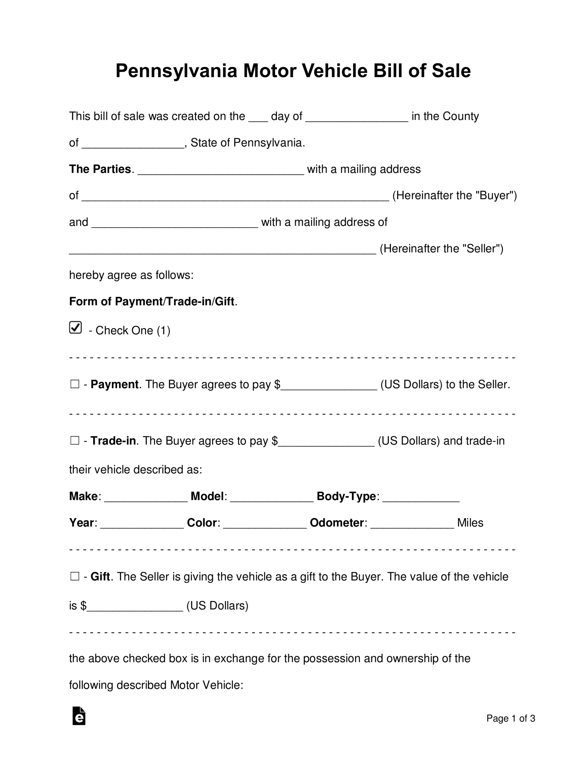 Free Pennsylvania Motor Vehicle Bill Of Sale Form – Word Pertaining To Certificate Of Origin For A Vehicle Template