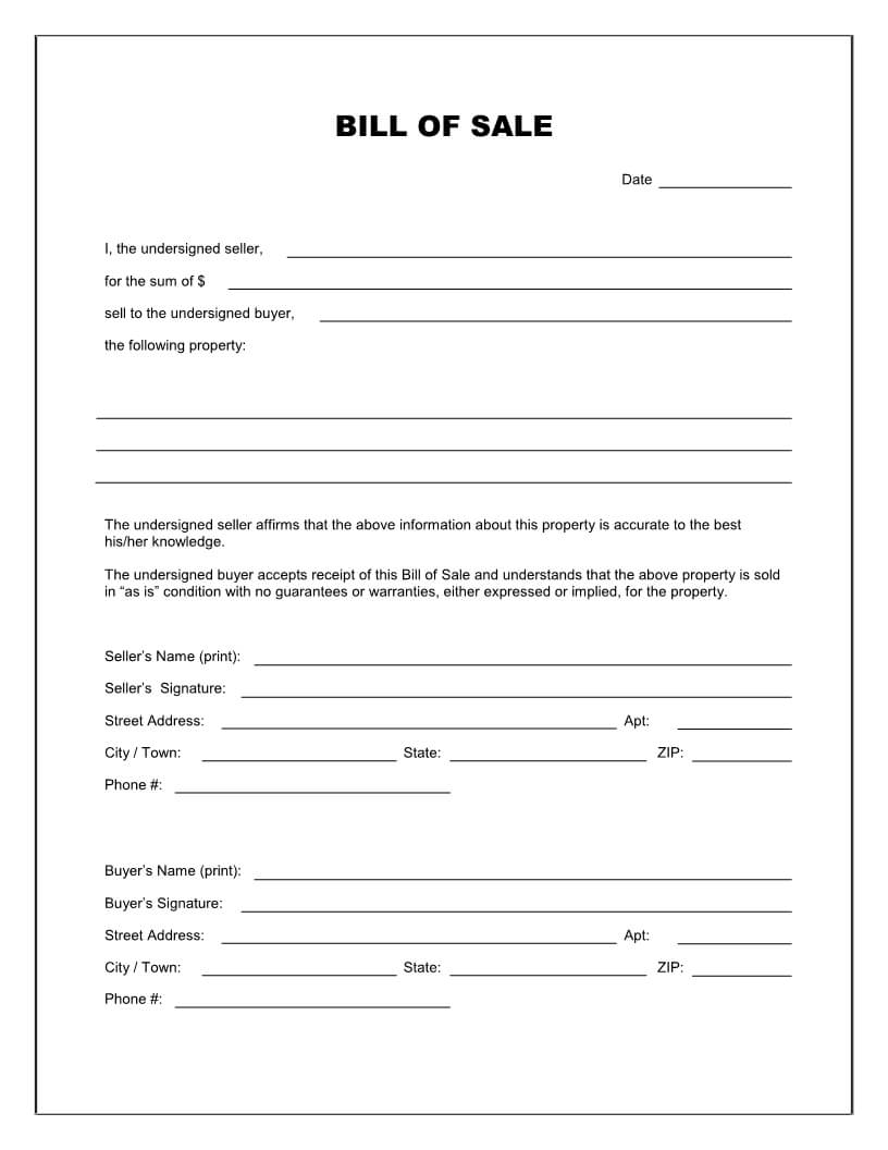 Free Printable Blank Bill Of Sale Form Template - As Is Bill Inside Blank Legal Document Template
