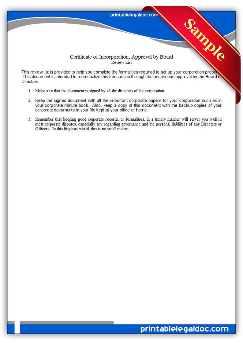 Free Printable Certificate Of Incorporation, Board In Certificate Of Acceptance Template