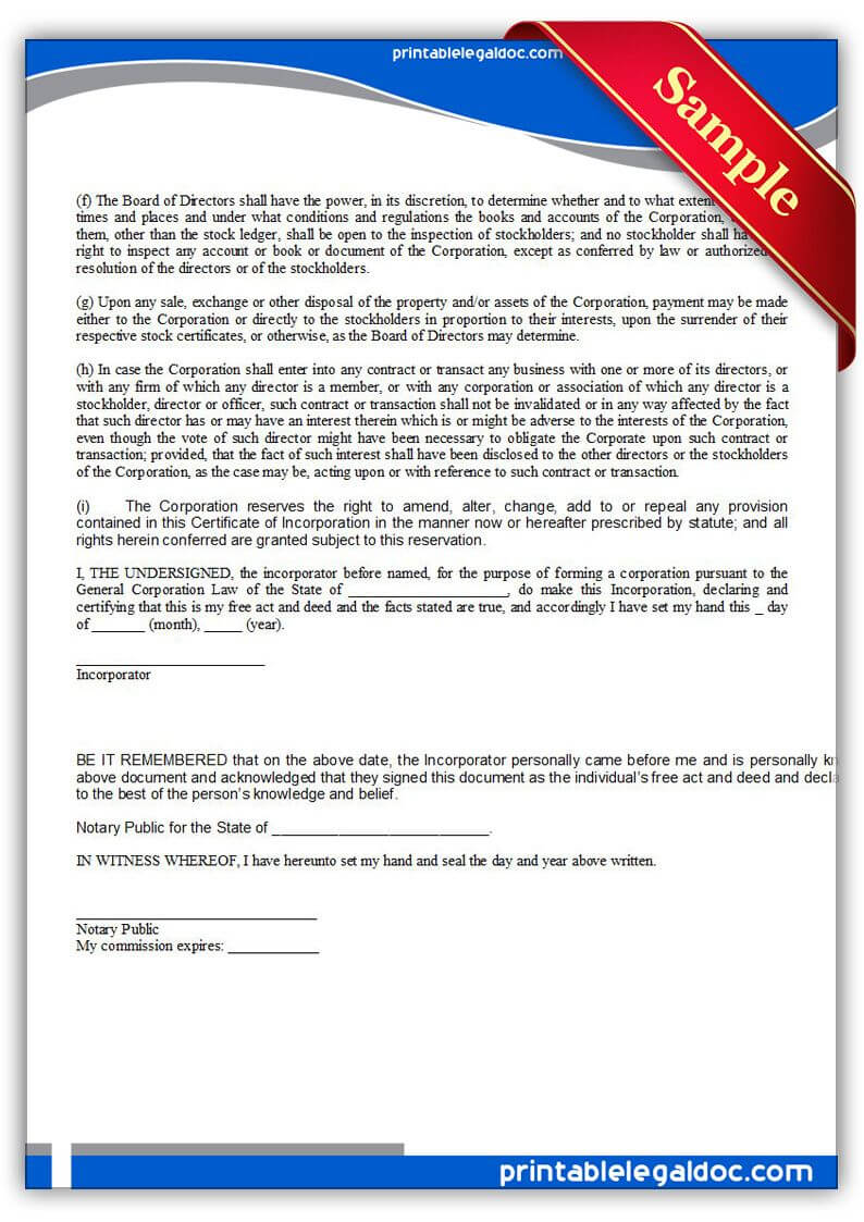 Free Printable Certificate Of Incorporation | Sample Within Certificate Of Disposal Template