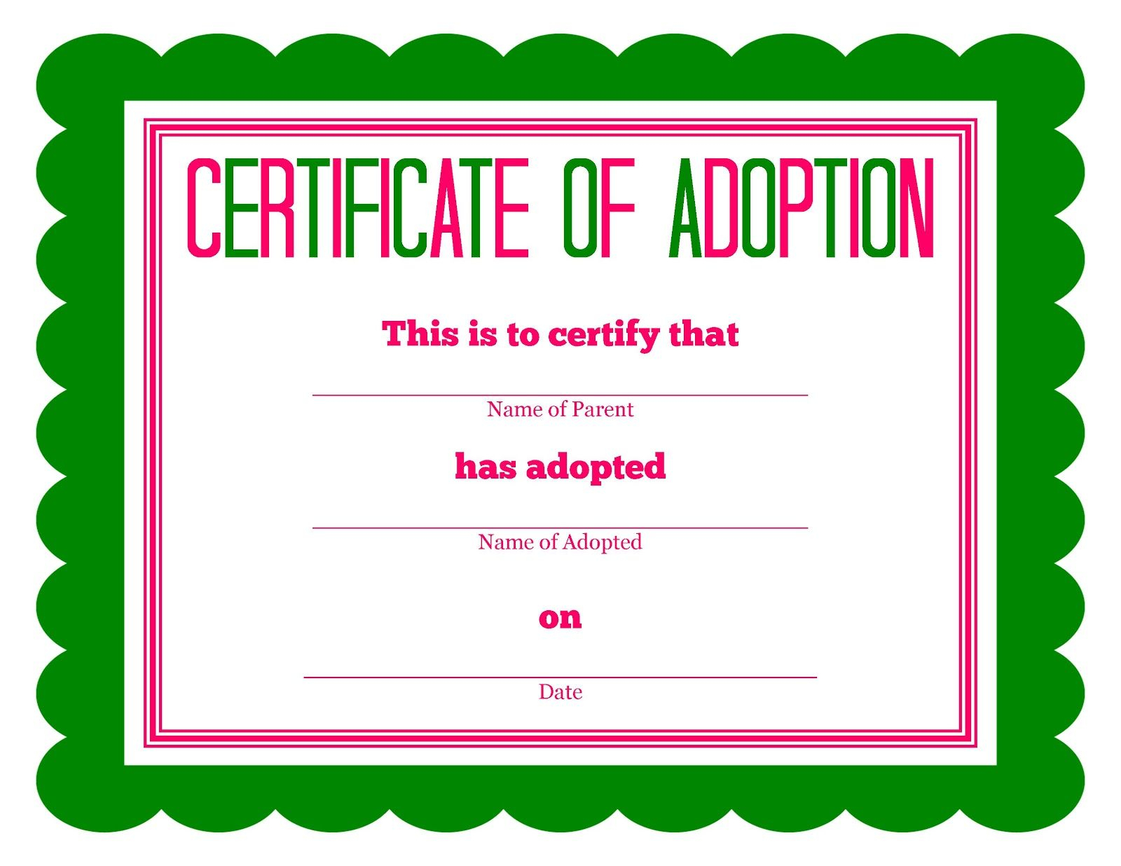 Free Printable Stuffed Animal Adoption Certificate In 2020 For Blank Adoption Certificate Template