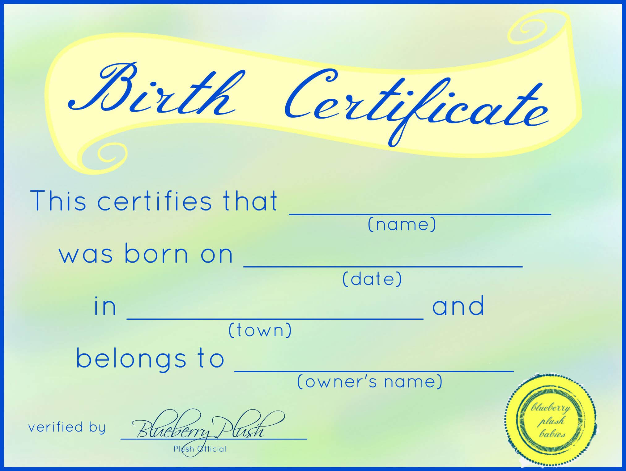 Free Printable Stuffed Animal Birth Certificates – Blueberry Throughout Build A Bear Birth Certificate Template