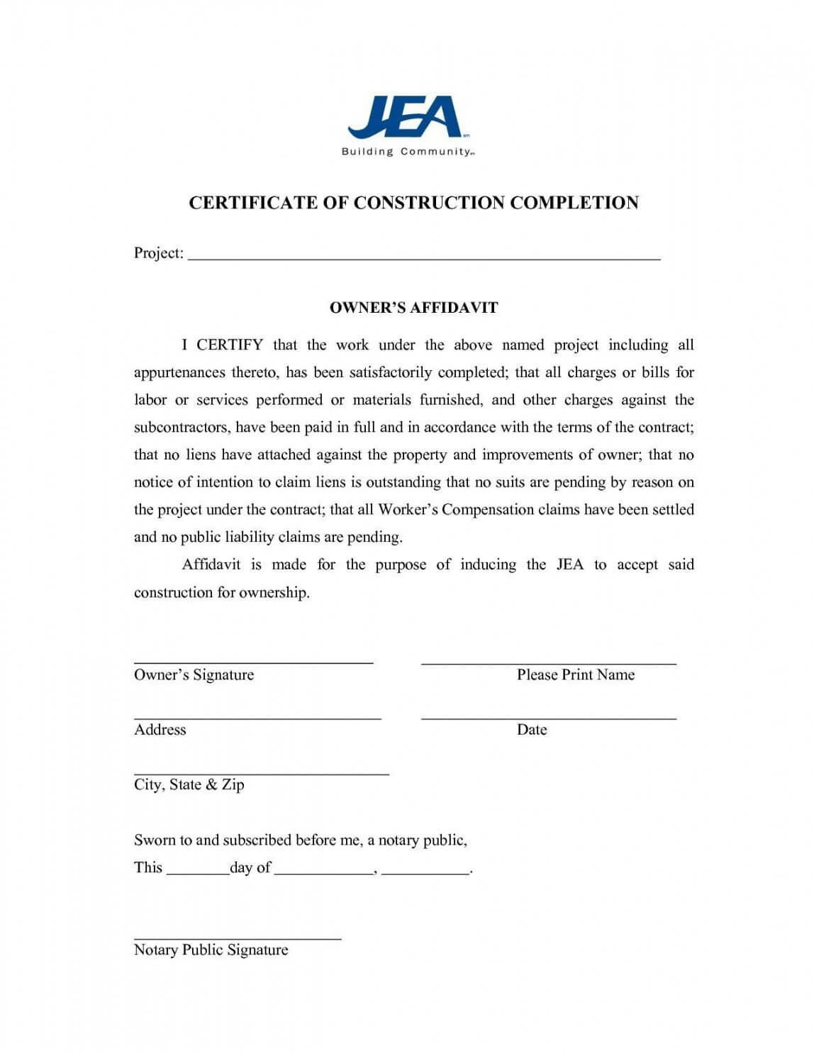 Free Project Completion Certificate Rmat In Word Template Within Construction Certificate Of Completion Template