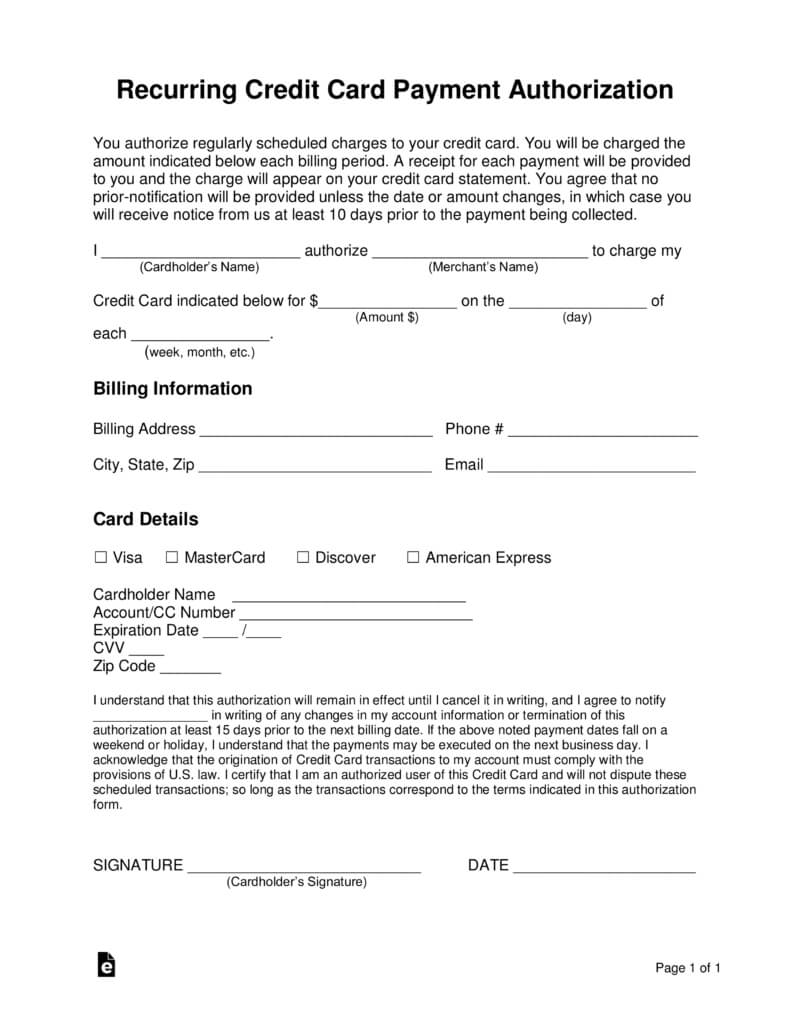 Free Recurring Credit Card Authorization Form – Word | Pdf Within Credit Card Payment Form Template Pdf