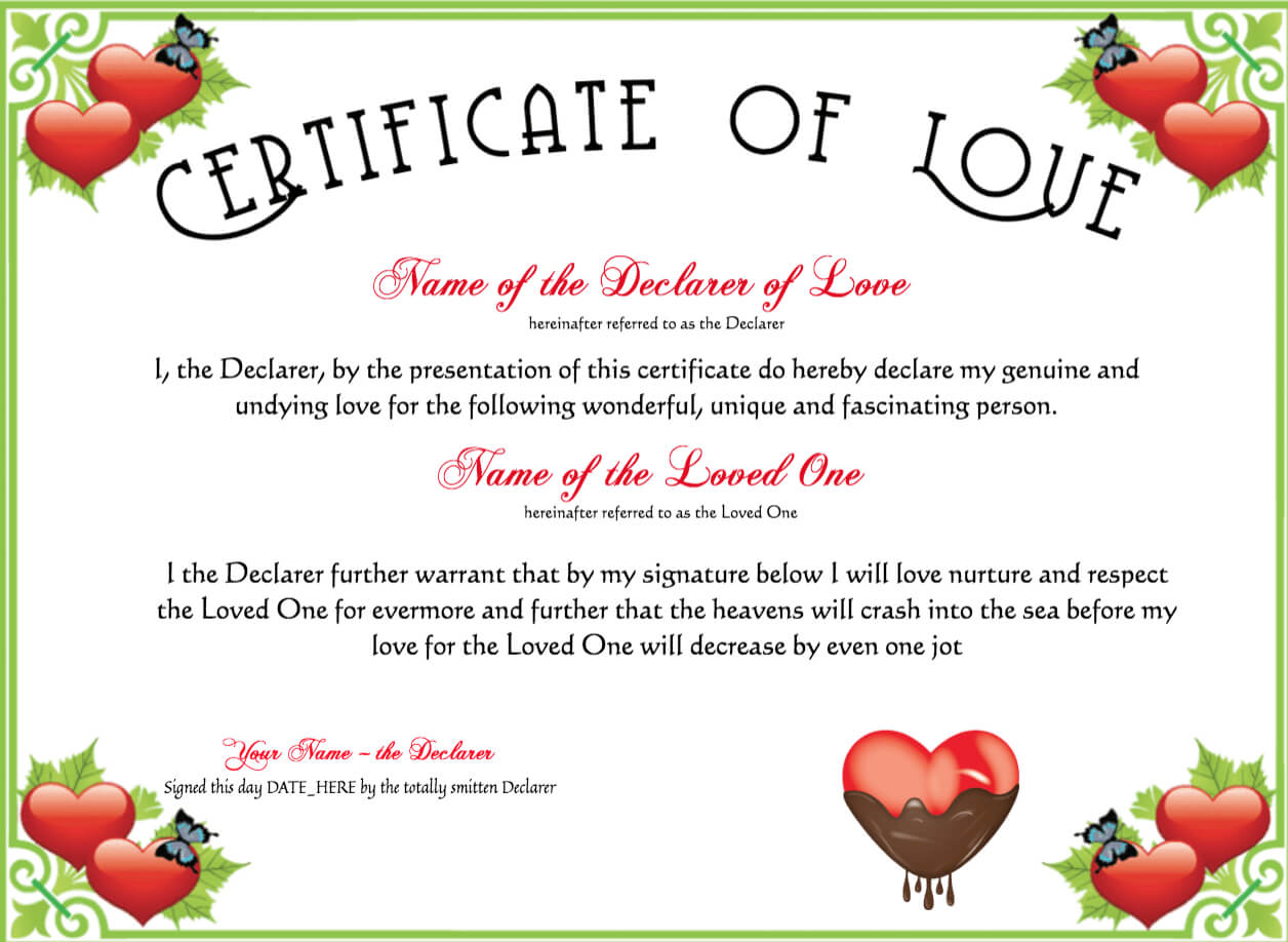 Free Romance And Valentine's Day Certificates At Throughout Love Certificate Templates
