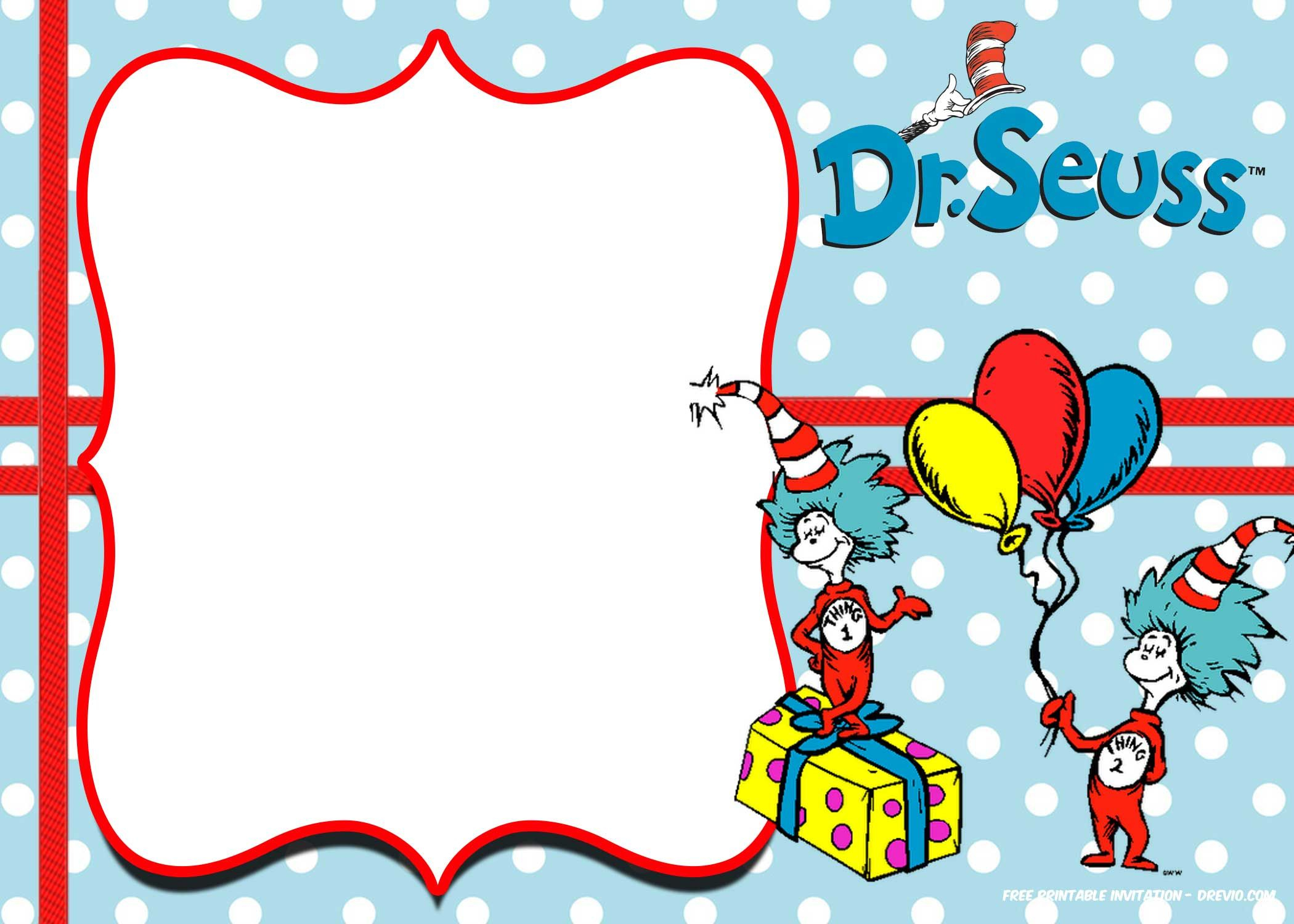 Free Thing 1 And Thing 2 Dr. Seuss Invitation Templates With Regard To Dr Seuss Birthday Card Template
