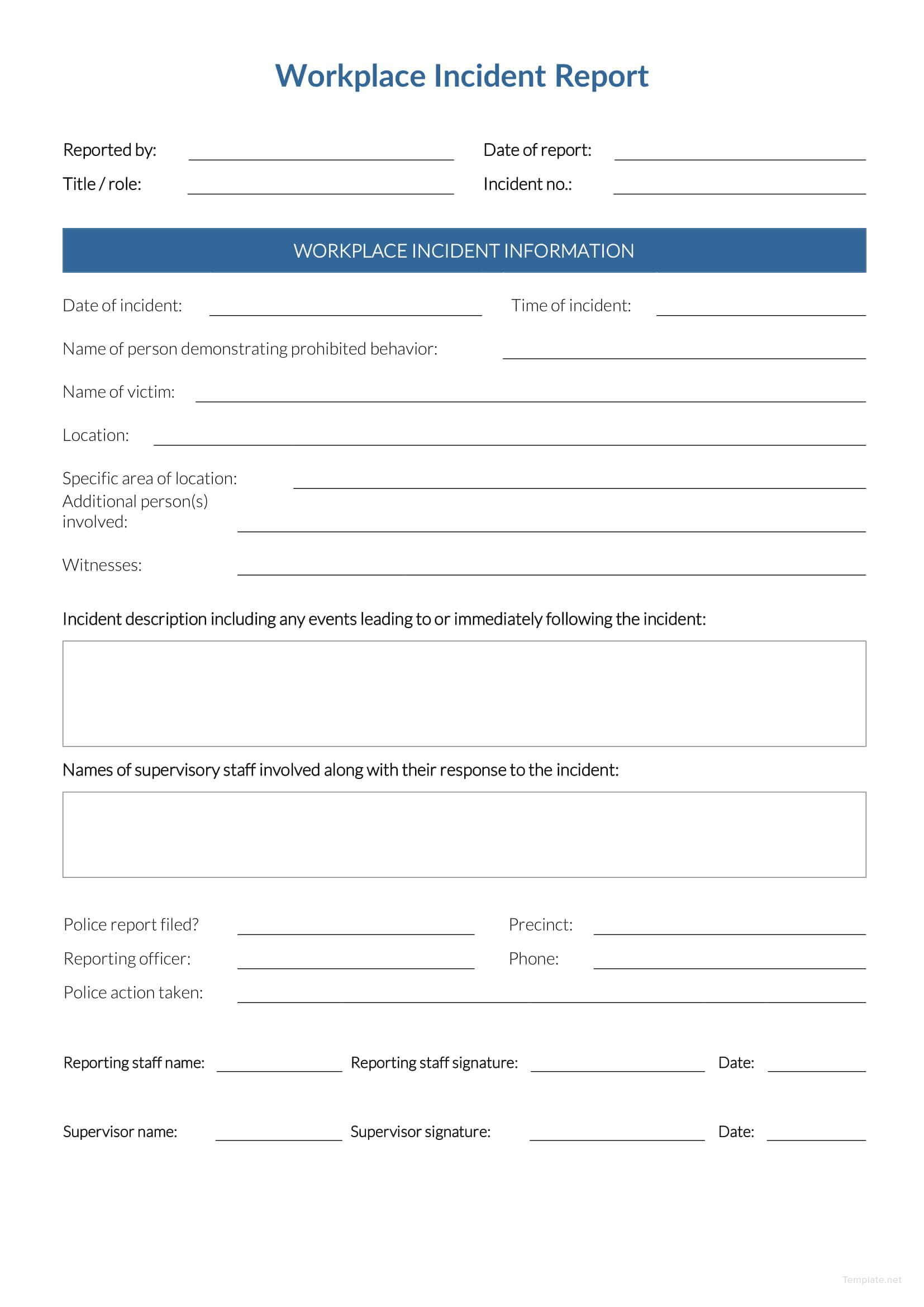 Free Workplace Incident Report | Incident Report, Report Regarding Office Incident Report Template