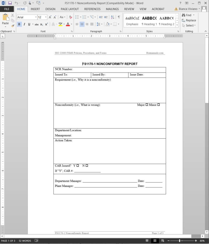 Fsms Nonconformity Report Template | Fds1170 1 Inside Ncr Report Template