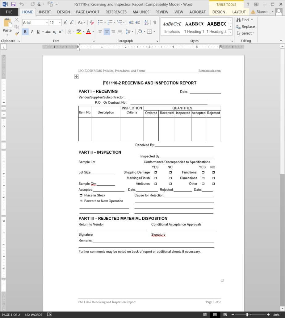 Fsms Receiving Inspection Report Template | Fds1110 2 Within Part Inspection Report Template