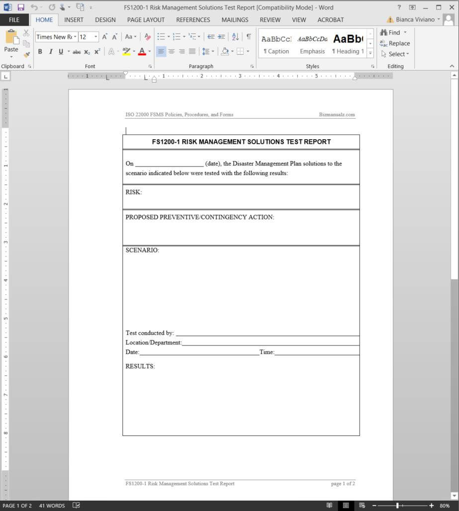 Fsms Risk Management Solutions Test Report Template | Fds1200 1 With Test Template For Word