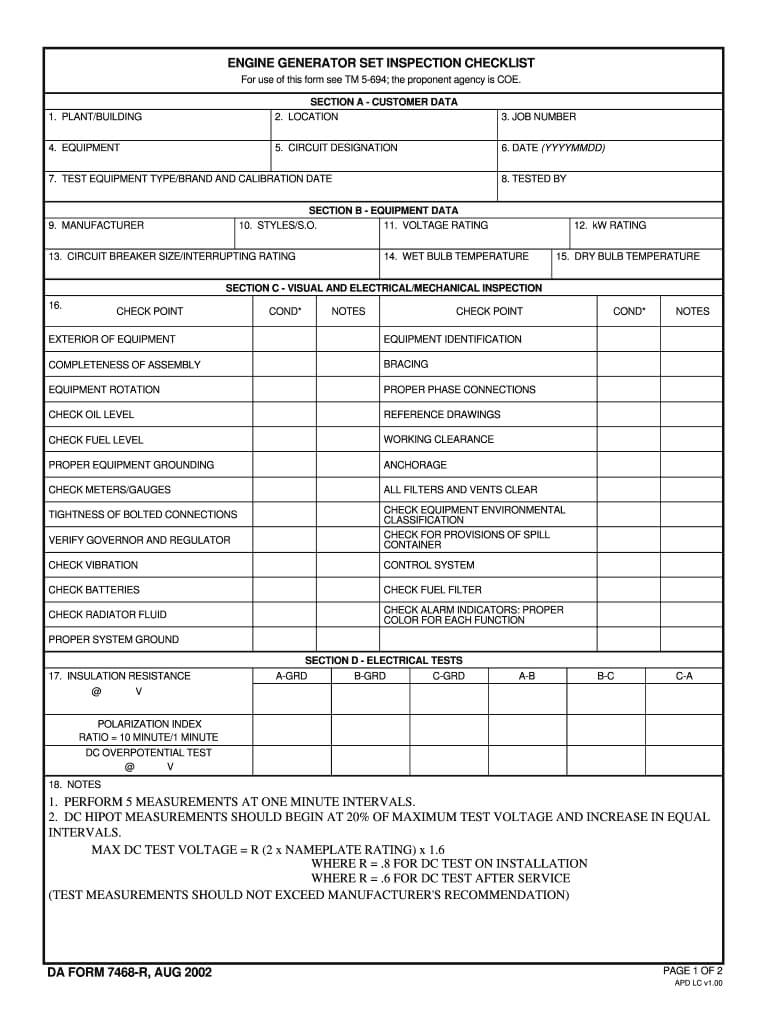 Generator Checklist Format – Fill Online, Printable In Certificate Of Inspection Template