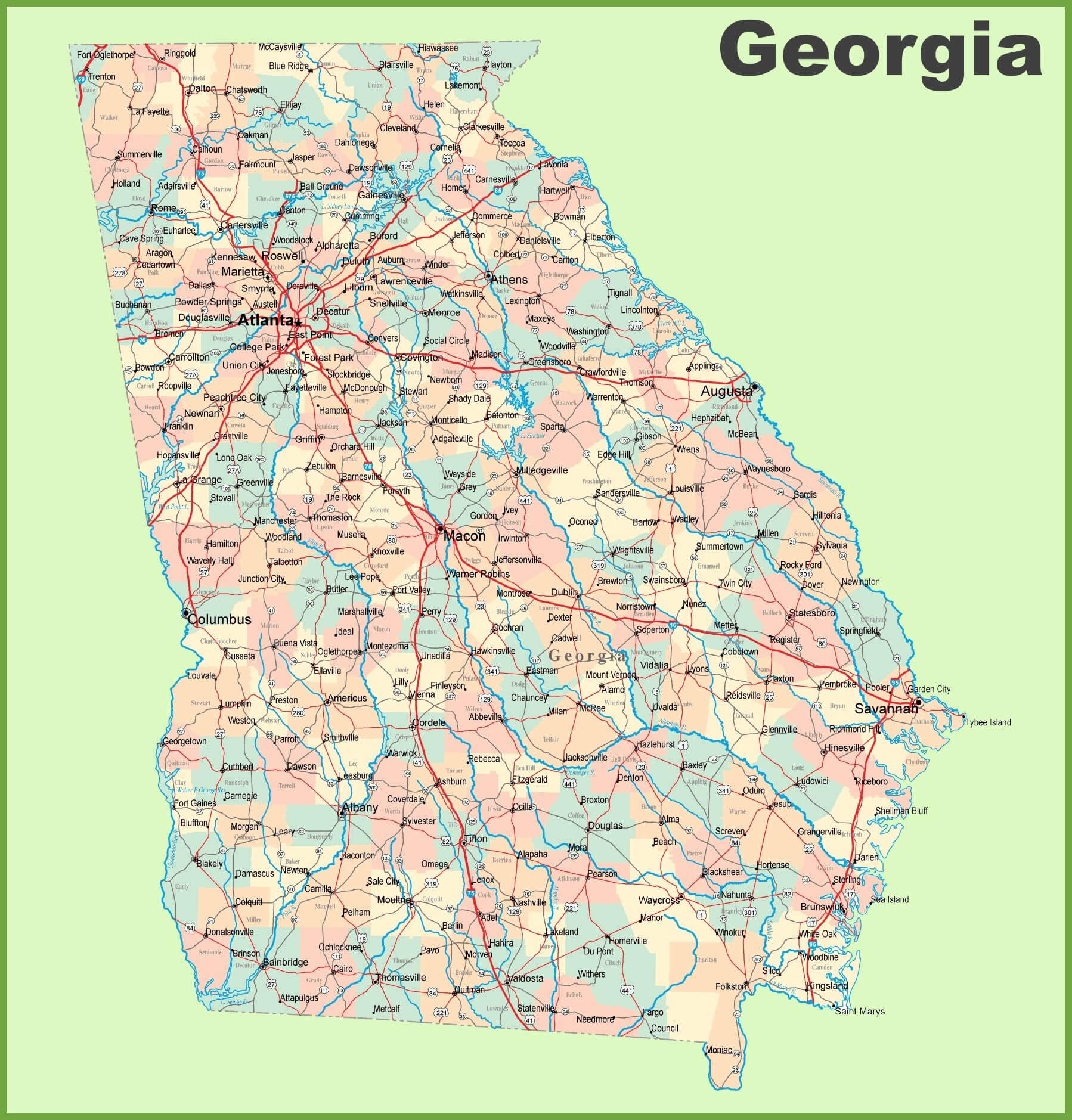 Georgia Road Map With Cities And Towns | Highway Map, Map Intended For Blank City Map Template