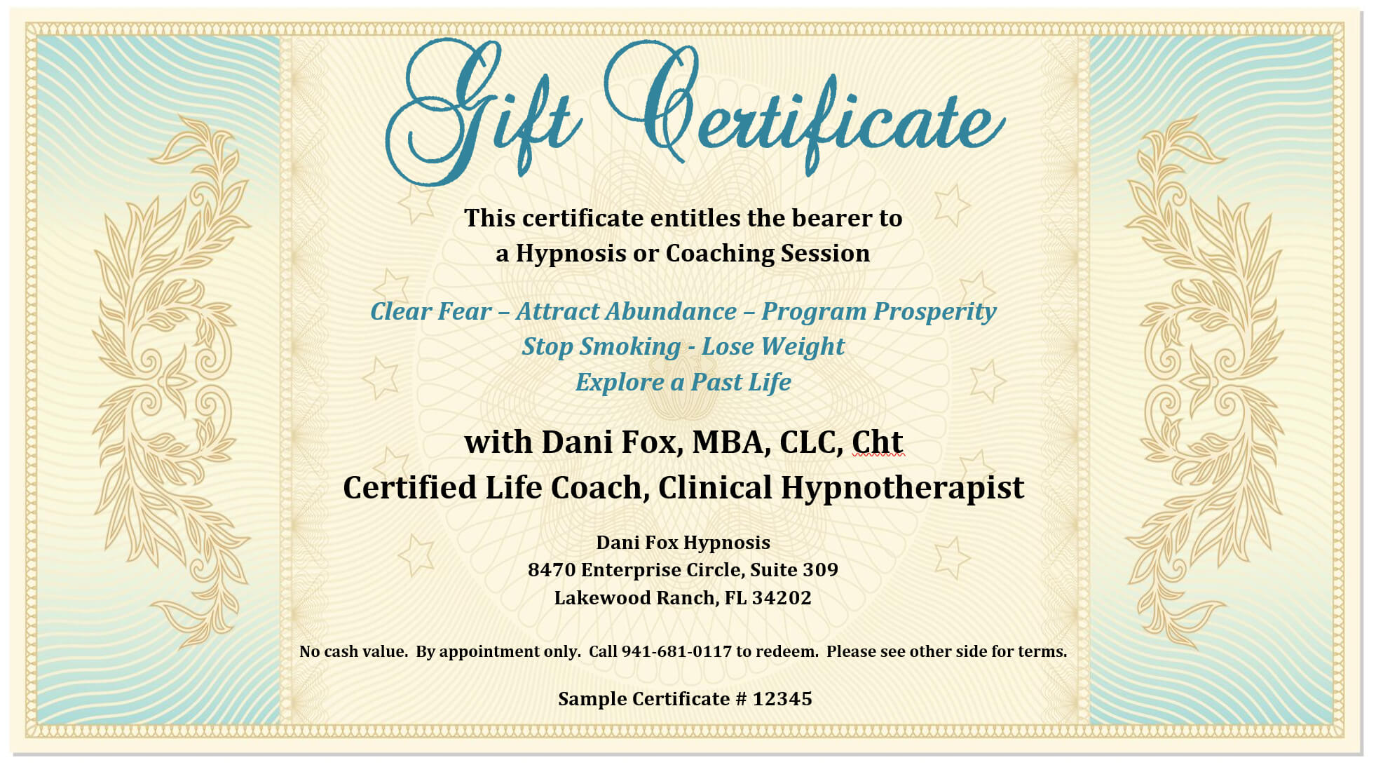 Gift Certificate – Dani Fox Hypnosis With Regard To Sample Throughout This Certificate Entitles The Bearer Template