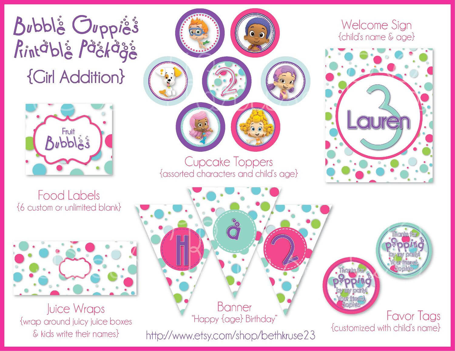 Girl Bubble Guppies Printable Party Package. $25.00, Via With Regard To Bubble Guppies Birthday Banner Template