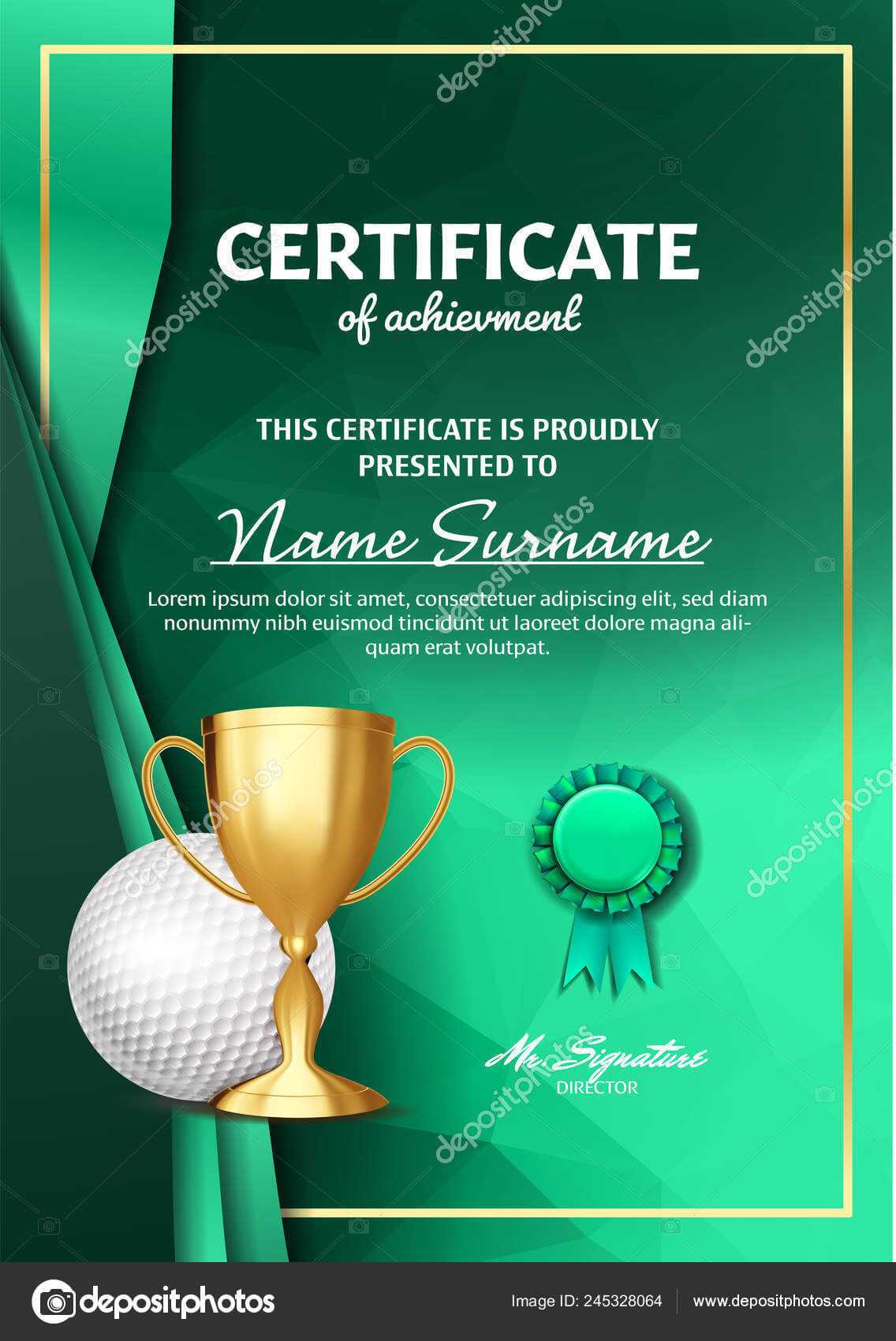 Golf Certificate Diploma With Golden Cup Vector. Sport Award Intended For Golf Certificate Template Free