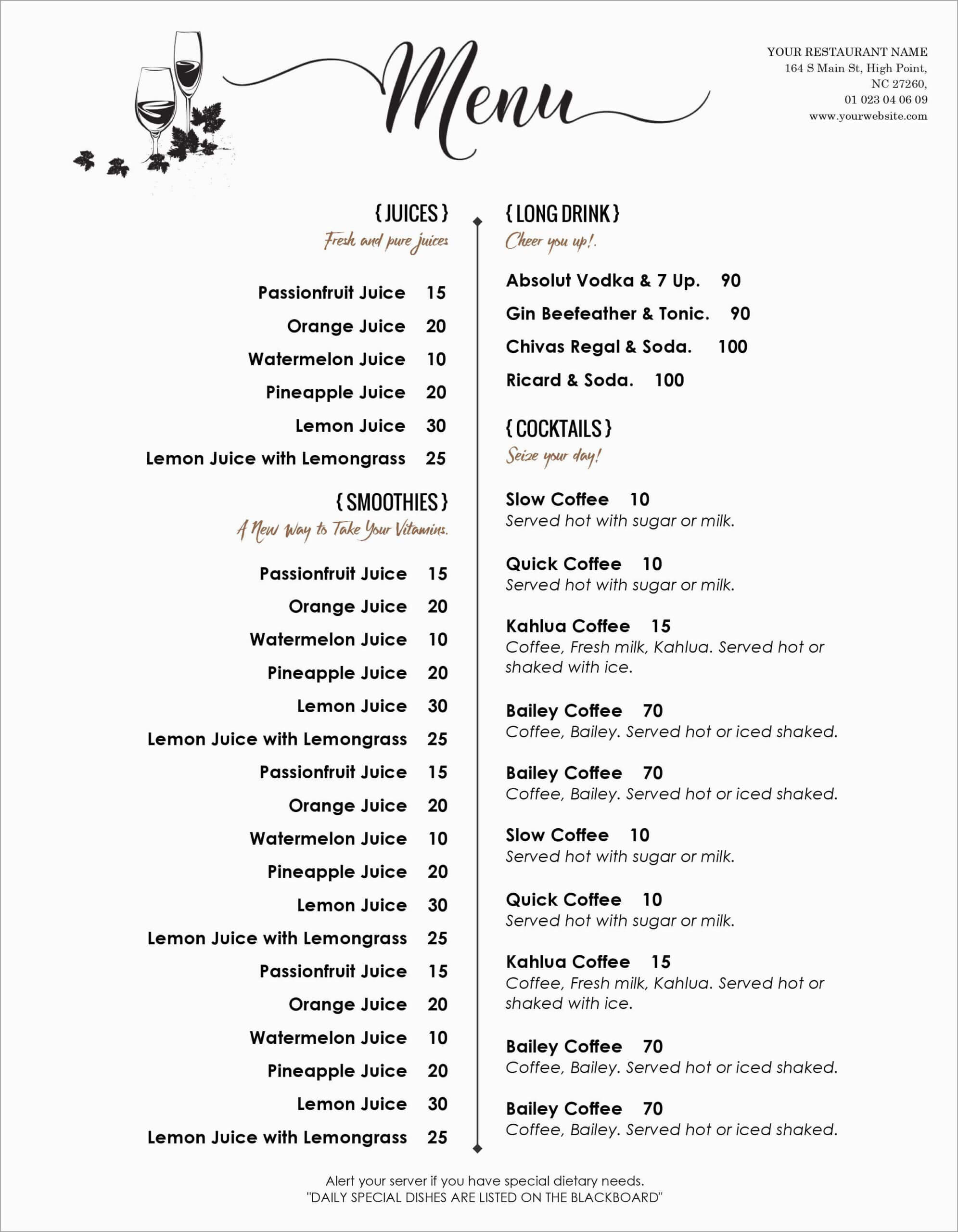 Google Docs Restaurant Menu Template – Ironi.celikdemirsan Throughout Cocktail Menu Template Word Free