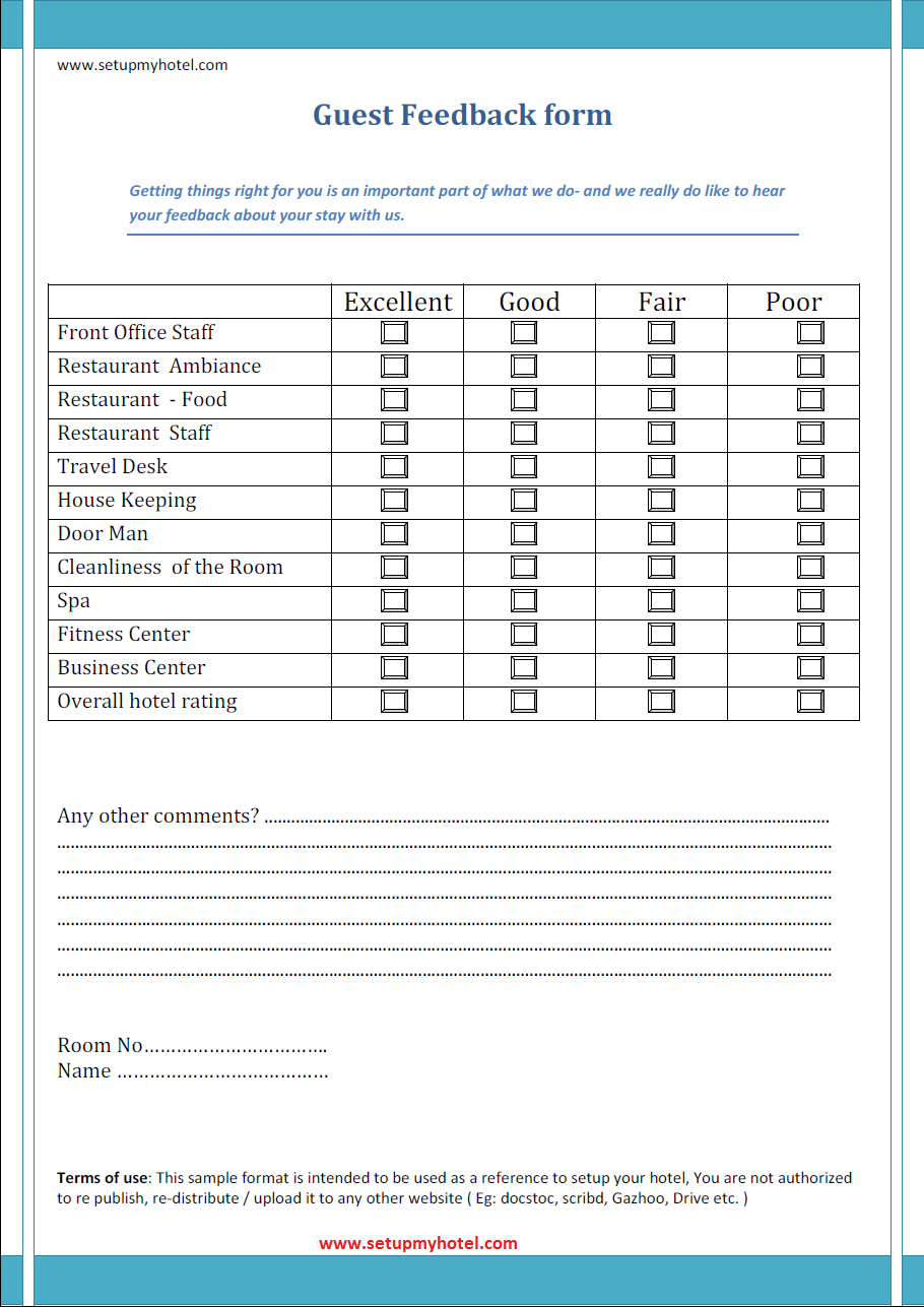 Guest Feedback Format Sample | Hotels |Resorts | Customer Pertaining To Restaurant Comment Card Template