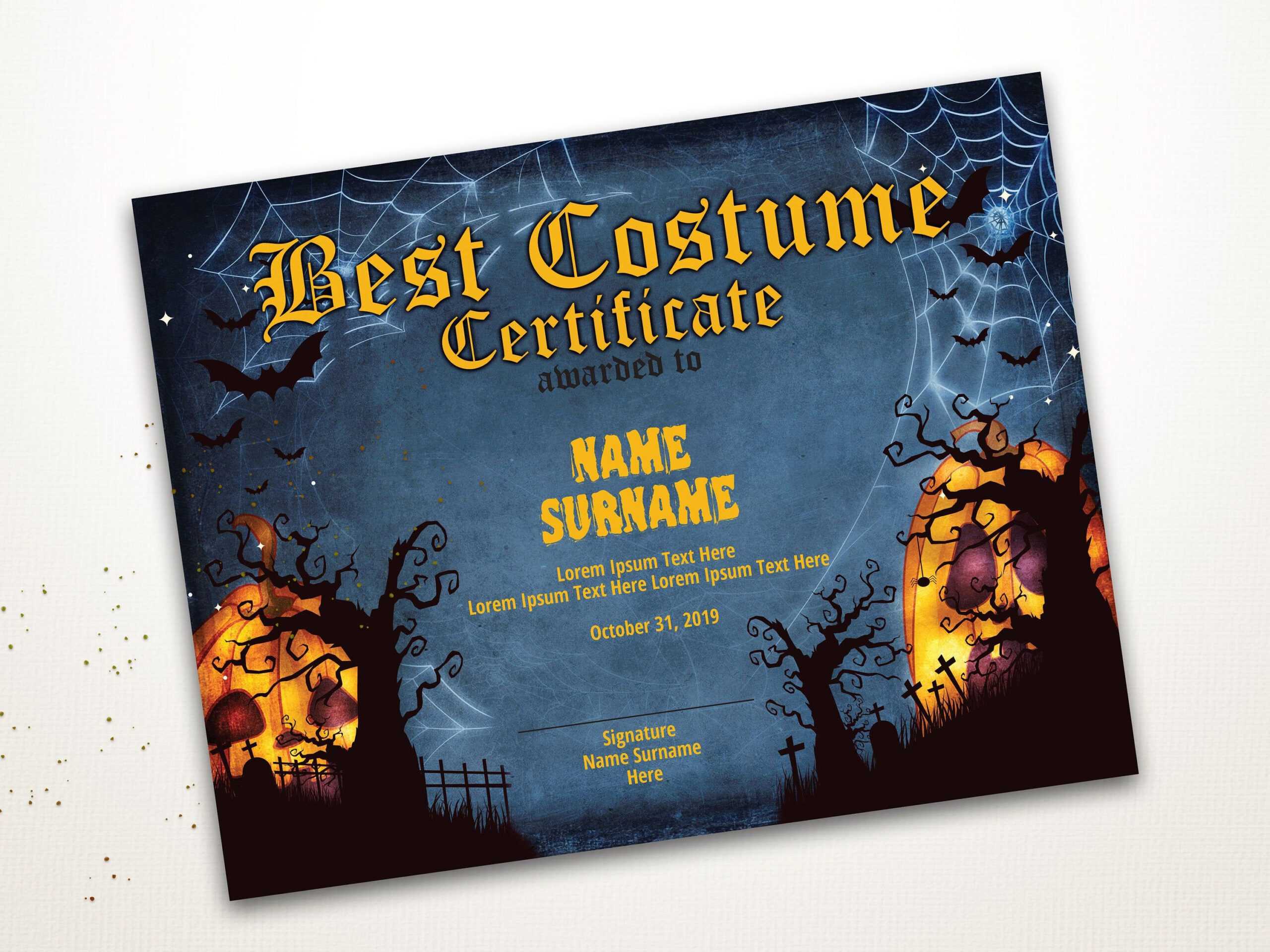 Halloween Best Costume Certificate Editable Template Costume Pertaining To Halloween Costume Certificate Template