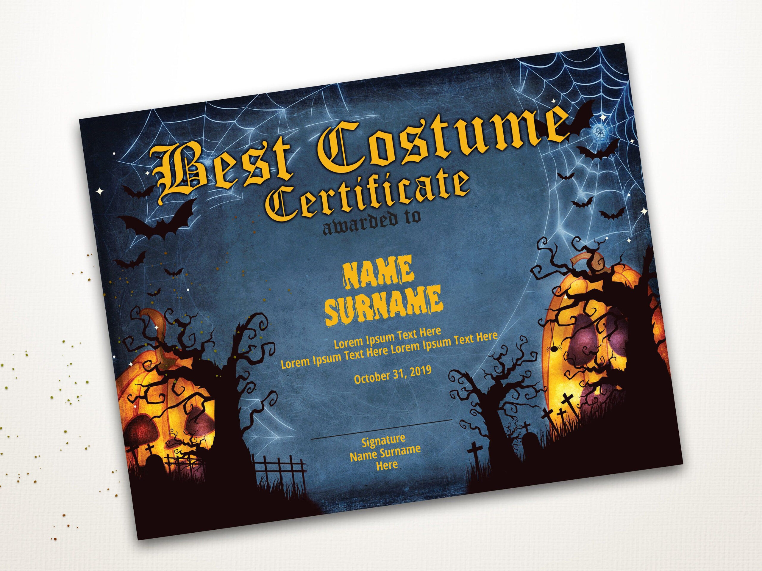 Halloween Best Costume Certificate Editable Template Costume Regarding Halloween Certificate Template
