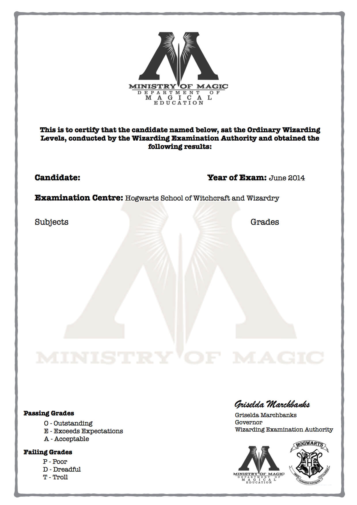Harry Potter O.w.l's Certificate Blank Template! | Harry With Regard To Harry Potter Certificate Template