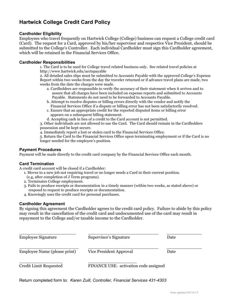 Hartwick College Credit Card Policy Regarding Corporate Credit Card Agreement Template