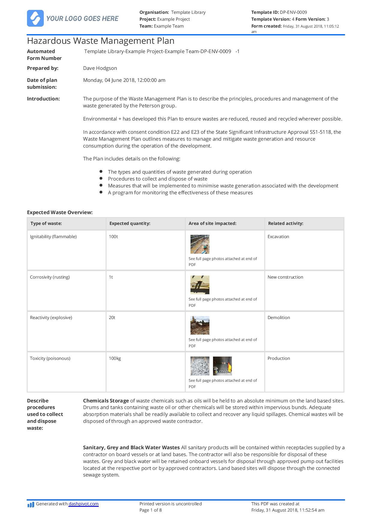 Hazardous Waste Management Plan Template - Free And Editable Throughout Waste Management Report Template