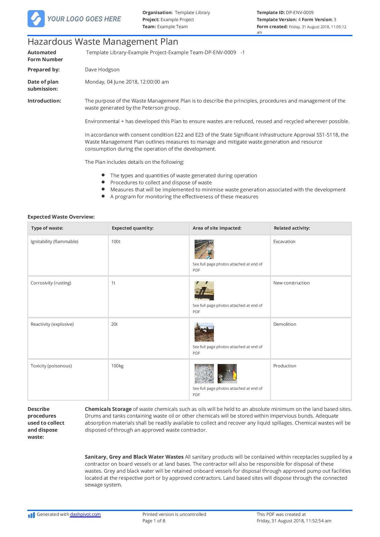 Hazardous Waste Management Plan Template - Free And Editable Throughout Waste Management Report Template