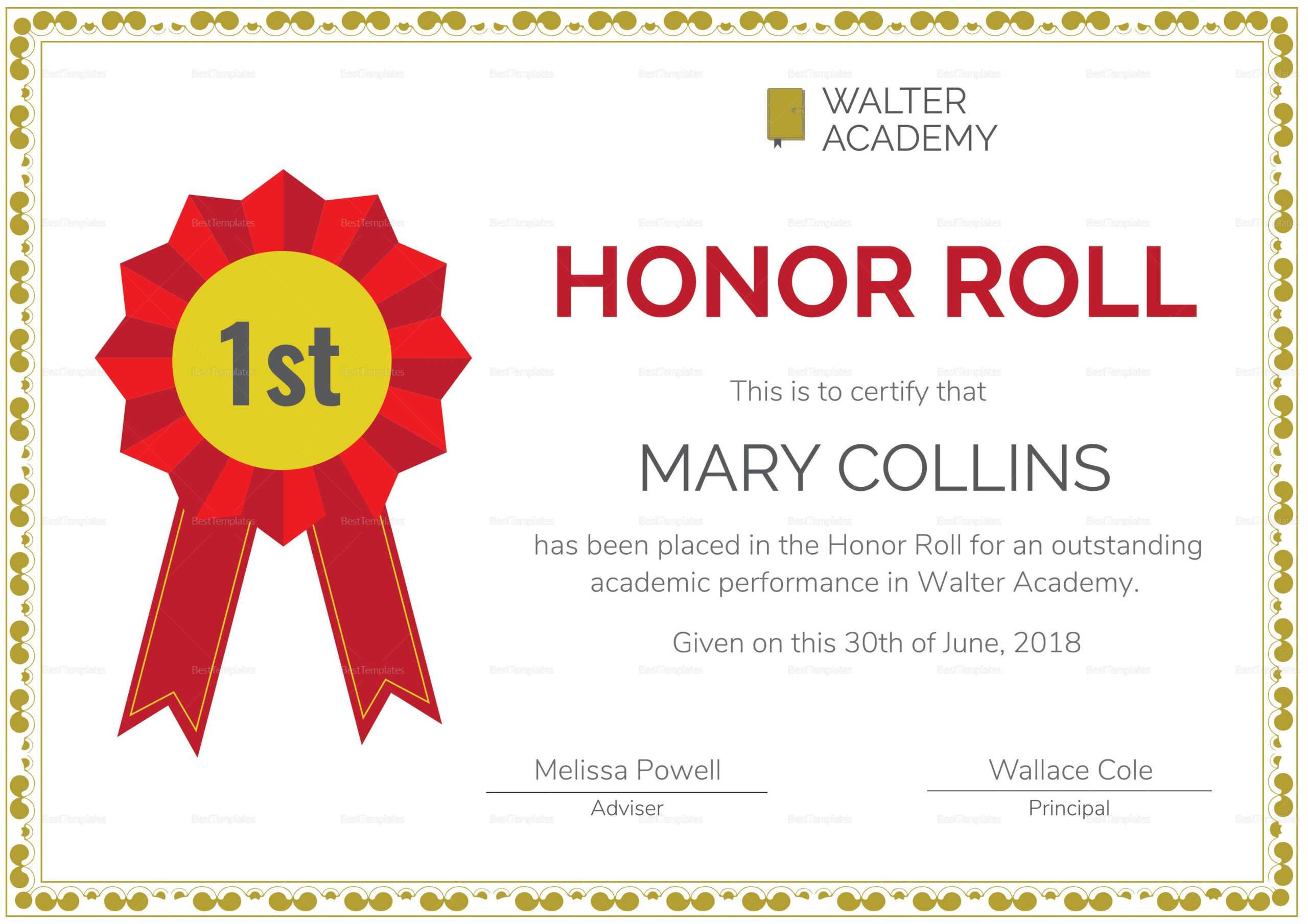 Honor Roll Certificate Template | Certificate Templates With Honor Roll Certificate Template