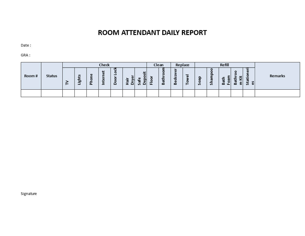 Hotel Room Attendant Daily Report | Templates At In Check Out Report Template