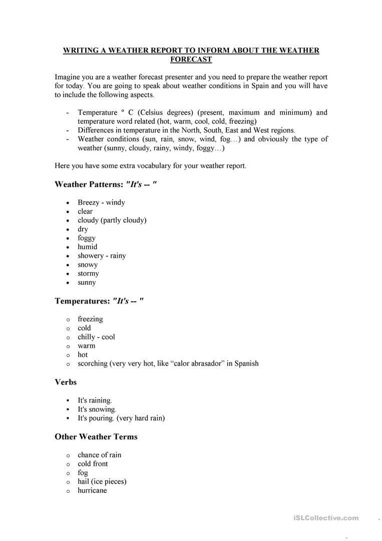 How To Write A Weather Report – English Esl Worksheets Intended For Kids Weather Report Template