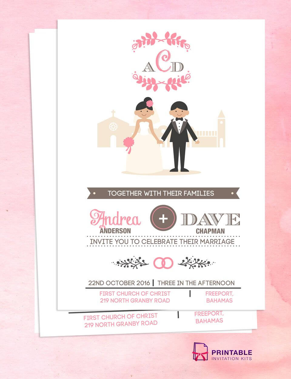 Illustrated Couple In Front Of Church Wedding Invitation Within Church Invite Cards Template