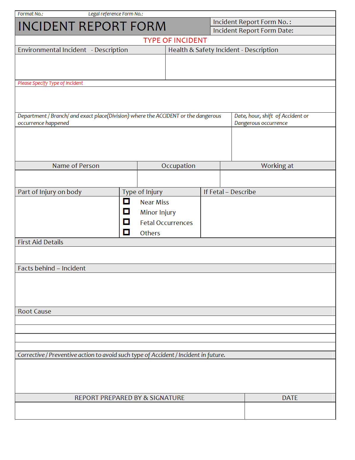 Incident Report Form – For Incident Hazard Report Form Template