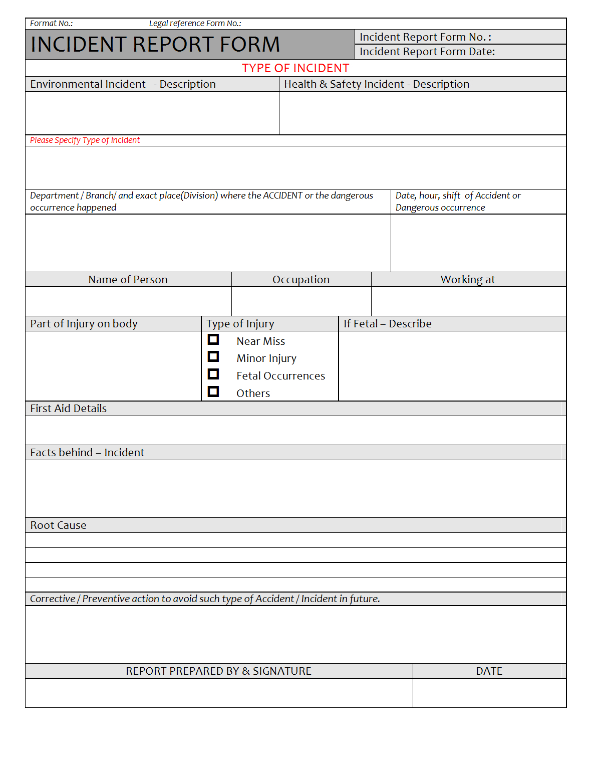 Incident Report Form – With First Aid Incident Report Form Template