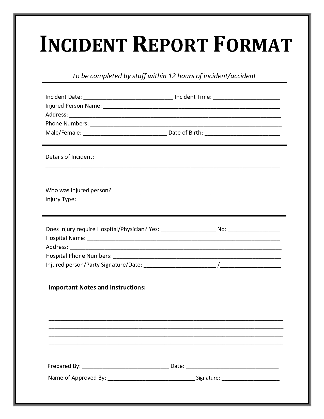 Incident Report Template | Incident Report Form, Incident Inside Injury Report Form Template