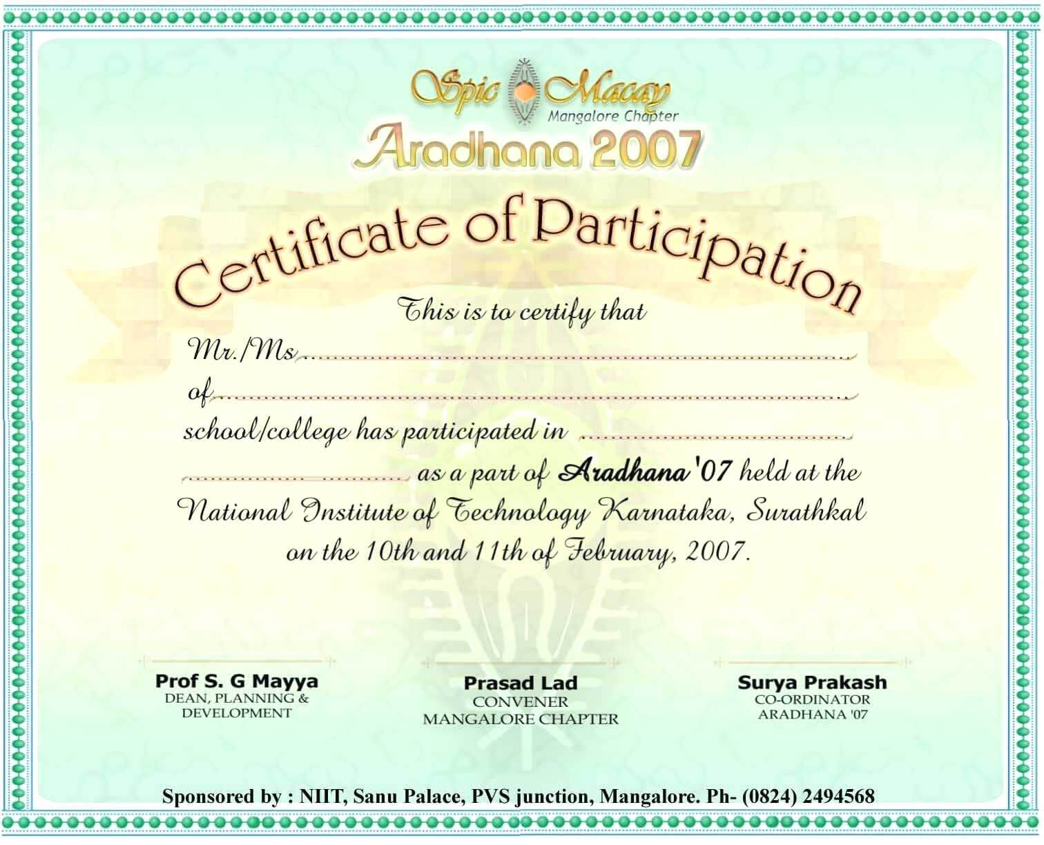 International Conference Certificate Templates – Shev For Certificate Of Participation Word Template