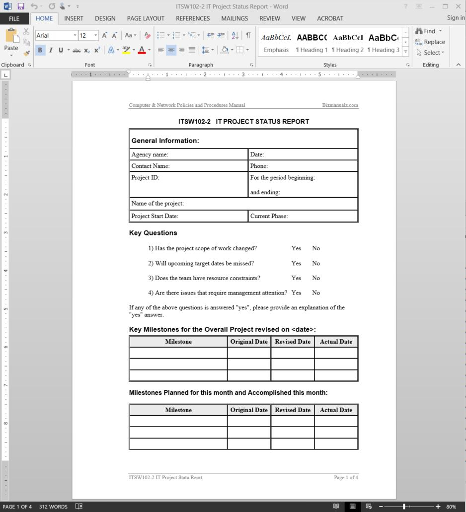 It Project Status Report Template | Itsw102 2 With Development Status Report Template