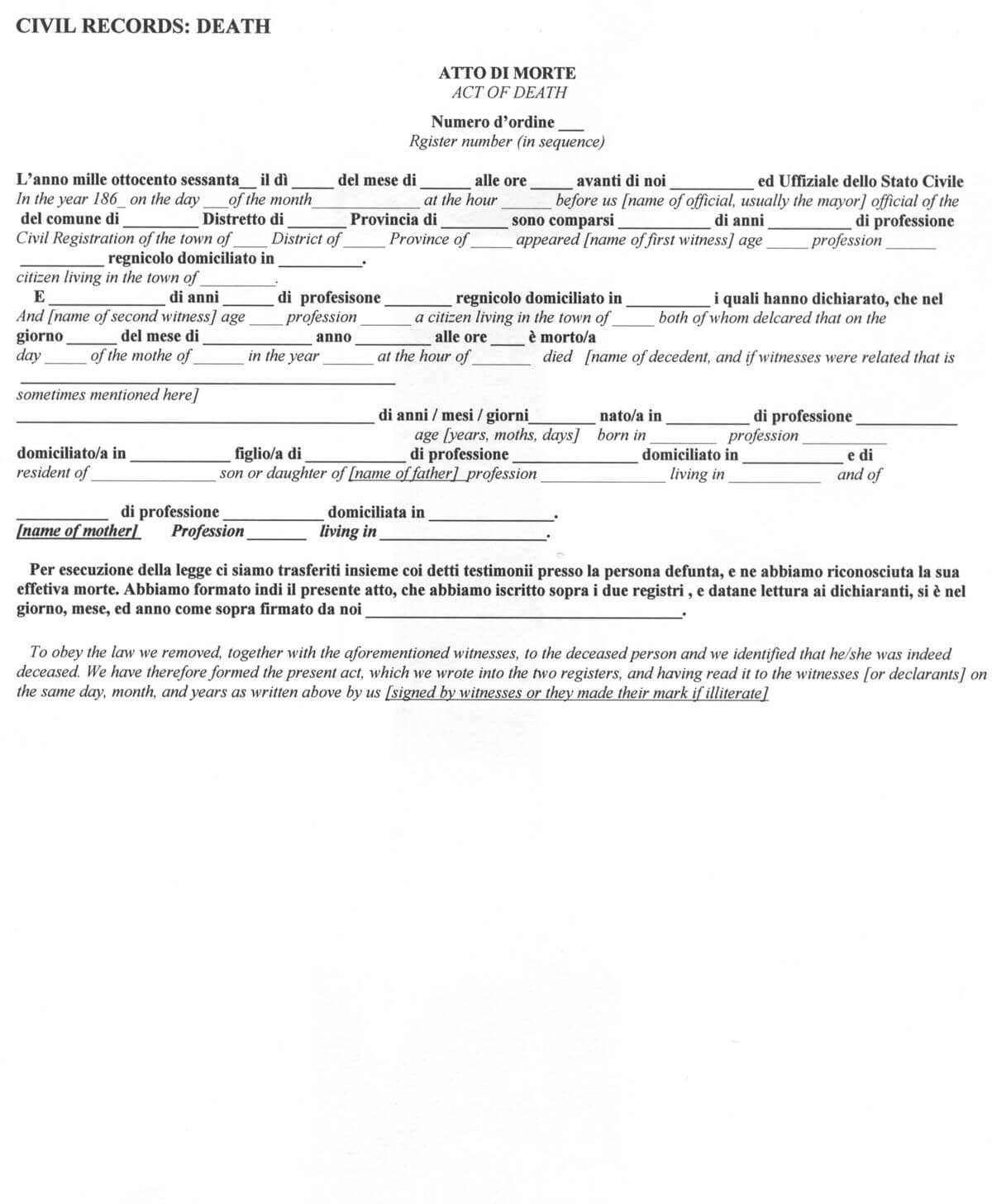 Italian Civil Death Document Translation Genealogy For Death Certificate Translation Template
