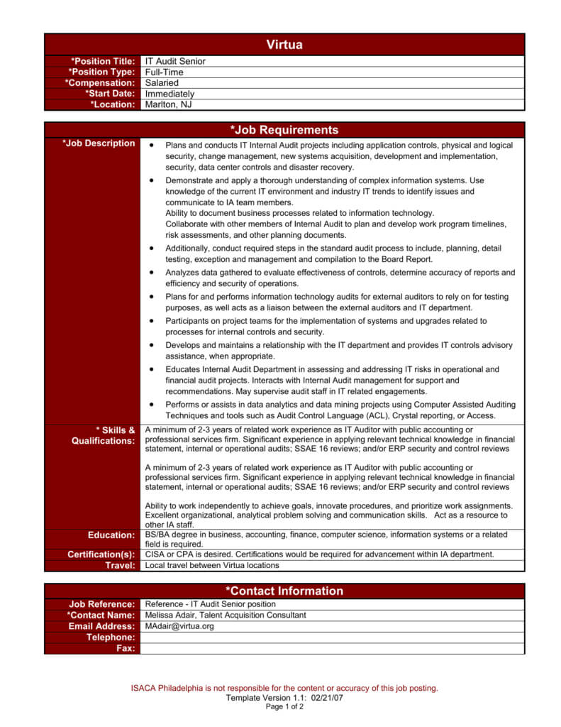 Job Requirements Pertaining To Ssae 16 Report Template