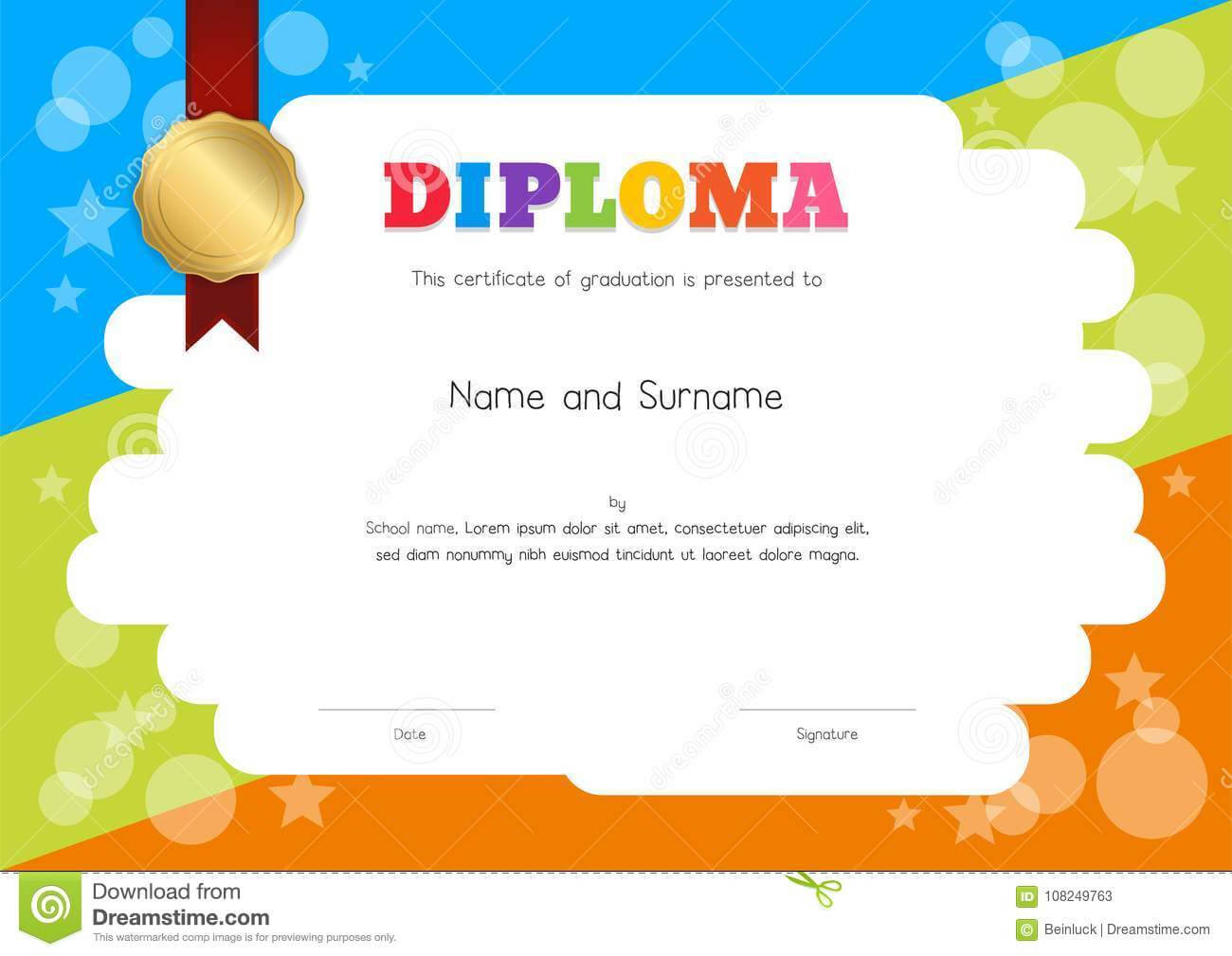 Kids Diploma Or Certificate Template With Hand Drawing With Regard To Children's Certificate Template