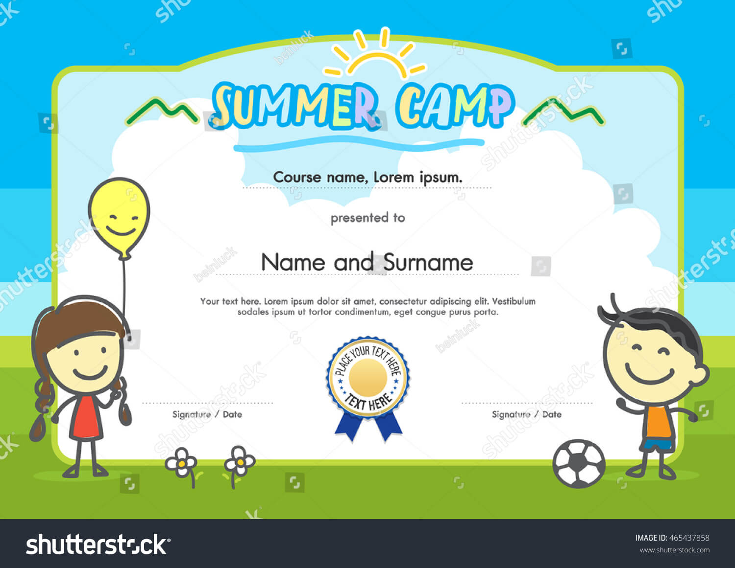 Kids Summer Camp Certificate Document Template Stock Vector In Summer Camp Certificate Template